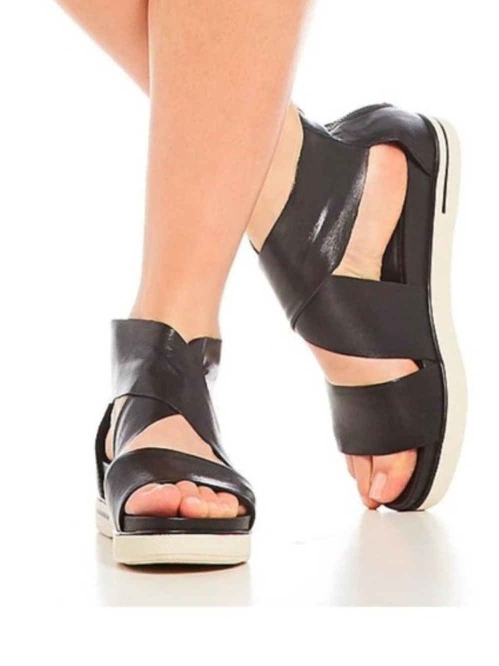 Eileen Fisher Black Leather Cutout Platform Sandals - Size 8